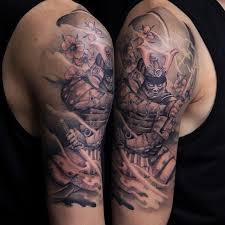 Black And Grey Tattoo Designs Half Sleeves Japanese Half Sleeve Samurai Tattoo Post Half Sleeve Tattoos For Guys Sleeve Tattoos Tattoo Sleeve Men