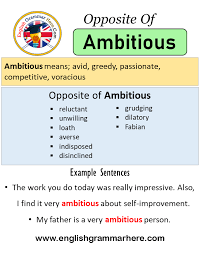 Using a thesaurus provides us with the synonyms and antonyms of words. Opposite Of Ambitious Antonyms Of Ambitious Meaning And Example Sentences English Grammar Here