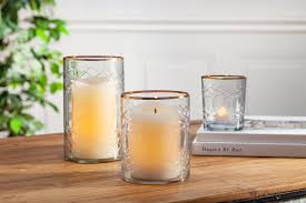 Home essentials set of 3, terra collection glass diy dollar tree glam apothecary jars | glam cake stand. Clear Glass Candle Holder With Etched Design And Gold Trim 5 H 6 Pieces Eventswholesale Com