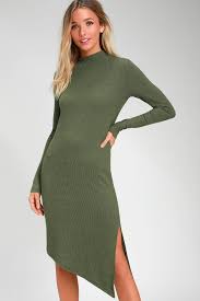 Fernley Olive Green Ribbed Long Sleeve Midi Dress Long Sleeve Midi Dress Short Green Dress Long Green Dress