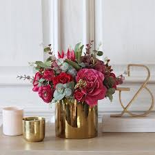 Red Pink Rose Protea Mixed Flower And Greenery In Metal Gold Vase 14 Tall Flower Vase Arrangements Faux Flower Arrangements Gold Vase Flowers