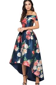 Dark Blue Floral Off Shoulder Chic High Low Dress Floral Dress Formal High Low Prom Dresses Satin Prom Dress