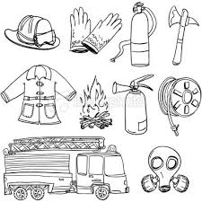 Black And White Fireman Fireman Equipment In Sketch Style Black And White Firefighter Clipart Fire Truck Drawing Coloring Pages