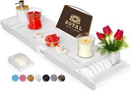 Maybe you would like to learn more about one of these? Amazon Com Royal Craft Wood Bamboo Bathtub Caddy Tray With Wine And Book Holder 1 Or 2 Person Bath Tray With Extending Sides Free Soap Dish White Home Kitchen