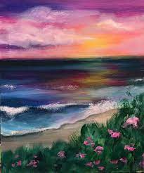 Double load your 3/4″ flat wash brush in both titanium white and quinacridone magenta. Simple Beach And Sunset Acrylic Painting For Beginners Creativeroom