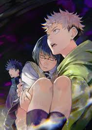 kyuuba melo, fushiguro megumi, itadori yuuji, sasaki setsuko, jujutsu kaisen,  black legwear, holding person, striped neckwear, absurdres, highres, huge  filesize, 1girl, 2boys, black eyes, black hair, black skirt, brown eyes,  carrying, closed