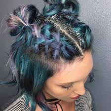 Bellaacxo Colorful Hair Space Buns Blue Purple Hair Glitter Roots Prom Hairstyles For Short Hair Braids For Short Hair Long Hair Styles