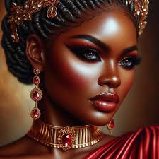 Inspirational Credit Karen Showell A beautiful oil painting of a regal  plus-size African-American woman with long boho braided hair in red and  black, sitting gracefully. She is wearing a stylish dress adorned