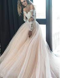A Line Off The Shoulder Long Sleeves Champagne Tulle Long Prom Wedding Dresses With Appliques Blush Pink Wedding Dress Pink Wedding Dresses Ball Gowns Wedding