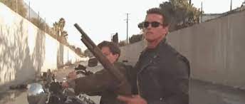 Rise of the machines video game explains the origins of the terminators as a project by crs, which obtained patents from cyberdyne. Terminator 2 Arnold Schwarzenegger Shotgun Flip