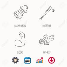 Fitness Sport Biceps And Baseball Icons Badminton Linear Sign