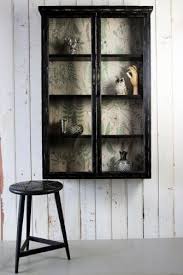 Wall Mounted Distressed Black Display Cabinet With Botanical Lining Black Display Cabinet Wall Display Cabinet Wall Mounted Display Cabinets