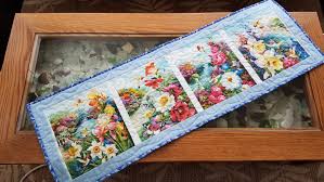 Spring Quilted Table Runner Floral Table Runner Blue Table Etsy In 2020 Floral Table Runner Quilted Table Runner Spring Table Runner
