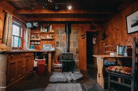 rustic cabin with wood stove in