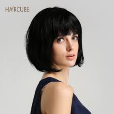 Black Bob With Bangs Wig Haircube 8 Inch Synthetic Wig 50 Human Hair Natural Black Bob Wigs With Neat Bangs Short Straight Black Natural Hairstyles Wig Hairstyles Short Straight Hair