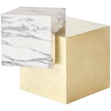 Coexist Askew Side Table In Statuary Marble With Brushed Brass Cube Side Table Brass Side Table Diy End Tables