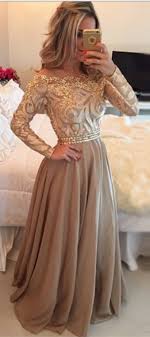 A Line Off The Shoulder Long Sleeves Champagne Chiffon Prom Dress With Appliques Beading Prom Dresses With Sleeves Prom Dresses Long With Sleeves Long Chiffon Evening Dress