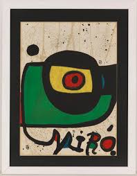 Cuadro titulado diseño para tapiz de joan miró, muestra el fondo azul y figuras blancas y rojas, estilo muy utilizado por el artista en otras obras. Ketterer Kunst Art Auctions Book Auctions Munich Hamburg Berlin