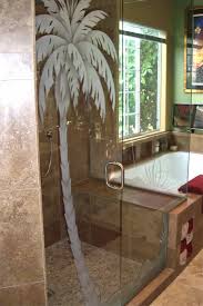 Glass shower doors with custom designed etched and carved sandblasted designs by sans soucie art glass of palm desert, california. Etched Glass Shower Door Desert Palm Tree Scene Sans Soucie