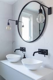 Bathroom Marble Tiles Marble Black And White Bathroom Industrial Luxe Indus In 2020 Black Bathroom Taps Round Mirror Bathroom Bathroom Mirror