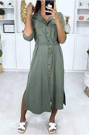 Livraison & retour gratuits en magasin. Longue Robe Chemise Kaki Boutonnes Avec Ceinture