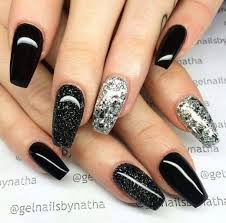 Short Black And Glitter Nails Black And Silver Nails Black Nails With Glitter Prom Nails Pretty Acrylic Nails