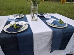 Denim Table Runner Jean Wedding Decor Repurposed Jeans Etsy In 2020 Denim Table Runner Denim Table Decor Diamonds And Denim Party