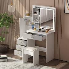 White Wood Makeup Vanity Set With Stool