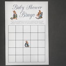 For this easy diy shower game, fill a stylish diaper bag with 8 to 12 baby necessities (think bottle, bib, diaper cream, comb, bulb aspirator) then pass the bag around. Peter Rabbit Baby Shower Bingo Game A Touch Of La
