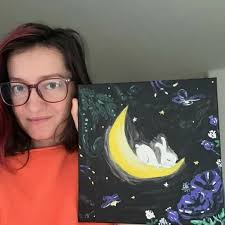 Moon Bunny Art Acrylic Painting Original Black Background Canvas Small 10”  Anima
