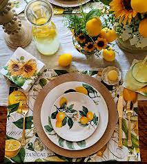 French Farmhouse Lemons And Sunflowers Tablescape Follow The Yellow Brick Home Lemon Decor Lemon Kitchen Decor Lemon Tablescape