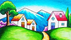 How To Draw Mountain Hill Village Scenery Step By Step Easy Nature Scenery Drawing For Beginners