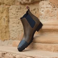 The Chelsea Boot Classic In Navy Blue And Grey Painted Calf Leather With Wine Kid Suede Robert August Apparel Mens Casual Dress Shoes Leather Chelsea Boots Mens Boots Fashion