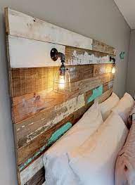 Farmhouse Rustic Chippy Paint Cottage Whitewashed Grey Blue Headboard Bed Distressed Wood King Queen Full Twin Lights Farmhouse Headboard Rustic House Diy Wood Headboard