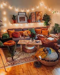 Cozy home décor setup with lights and wall art