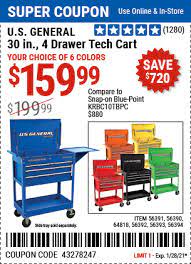U S General 30 In 4 Drawer Tech Cart For 159 99 In 2021 Harbor Freight Coupon Harbor Freight Tools Drawers