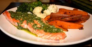 Add all ingredients to a 9×13 glass baking dish. Pesto Salmon Sweet Potato Fries And Broccoli And Cauliflower Almondine Simple Recipe Raves