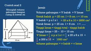 Volume bangun gabungan dicari dengan menjumlahkan volume bangun yang membentuk volume bangun pembahasan bangun tersebut terbentuk dari gabungan bangun limas segi empat dan bangun balok. Soal Volume Gabungan Bangun Ruang Guru