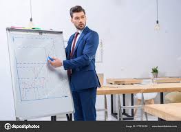 businessman presenting diagram chart meeting looking away