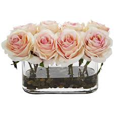 Light pink flowers in vase. Light Pink Blooming Roses 8 1 2 W Faux Flowers In Glass Vase 42r25 Lamps Plus