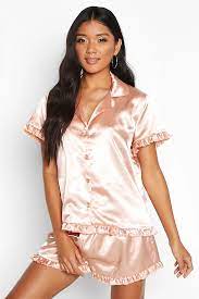 Satin Ruffle Button Through Pj Short Set Boohoo