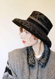 1990s 1980s Black Hat Kokin New York 90s 80s Designer Wide Brimmed Hat Black Wool Velvet Mesh Animal Print Advanced Style Wide Brimmed Hats Trending Outfits