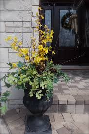 Spring Urns Forsythia Branches Greenery A Few Pine Cones I D Do Bird S Nests Instead O Container Flowers Greenery Arrangements Urn Arrangements