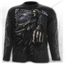 The Grim Reaper Skeleton Holding His Deadly Skull Clad Scythe Points Out His Next Unwilling Victim And It Black Shirt Cafe Racer Leather Jacket Gothic Outfits