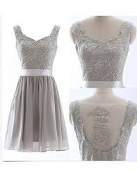 Retro Straps A Line Knee Length Chiffon Lace Silver Bridesmaid Dress With Sash Elegant Bridesmaid Dresses Pretty Bridesmaid Dresses Charming Dress