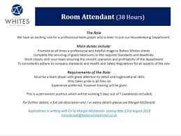 Maybe you would like to learn more about one of these? Bolton Whites Hotel On Twitter Vacancy Boltonwhiteshtl Is Currently Looking For A Room Attendant To Join Our Housekeeping Department Applications In Writing With Cv And Supporting Covering Letter To Mmcdonald Boltonwhiteshotel Co Uk Jobs