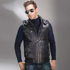 Black Leather Down Vest With Hooded Jacket Thick 90 Down Filled New Stylish Men Casual Lambskin Down Leather Stylish Men Casual Stylish Men Leather Jacket Men