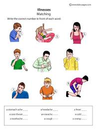 8 health problems, symptoms and illnesses vocabulary exercises. Illnesses Matching Worksheet Learning English For Kids Worksheets For Kids Lessons For Kids
