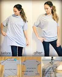 Use your scissors to cut a square neckline, and then use the extra material you have from the bottom of the shirt to make long sleeves. Turn Oversized T Shirt Into Dolman T Shirt Diy Alldaychic