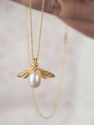 Yellow Gold Pearl Bee Necklace Bee Necklace Gold Pearl Jewelry Emerald Jewelry